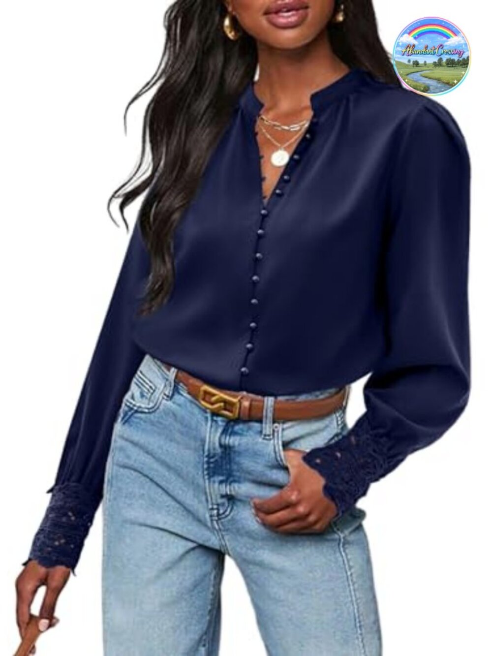 Lace Cuff Chiffon Button Down Blouse Long Sleeve Work Top